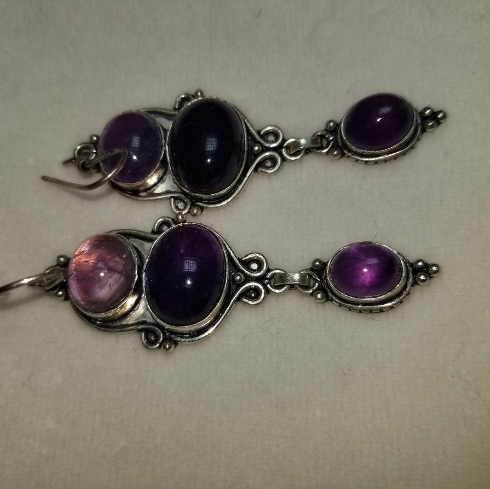 3 Tiered Amethyst Stone Pierced Earrings - Picture 2 of 9